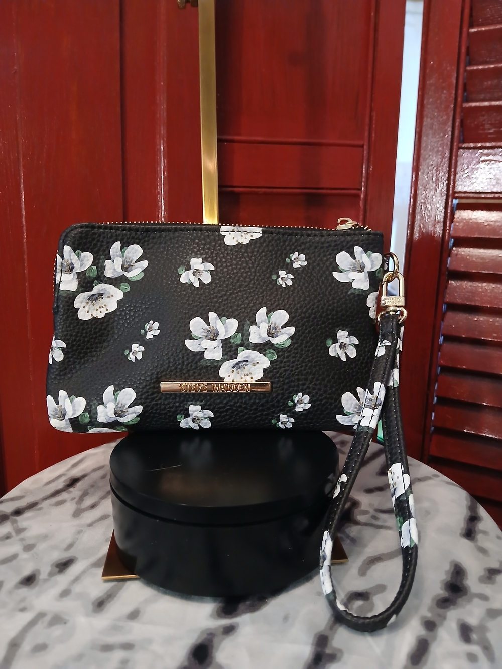 Steve Madden Black Floral Wristlet Pouch with Gold Hardware